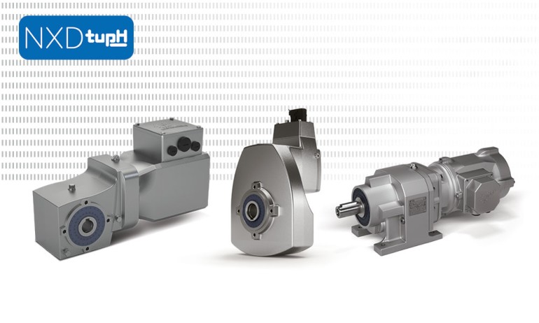 NORDBLOC.1 helical bevel gear unit with non-ventilated IE5+ motor, DuoDrive, and NORDBLOC.1 helical inline gear unit with IE3 smooth body motor all treated with NXD tupH on white background.