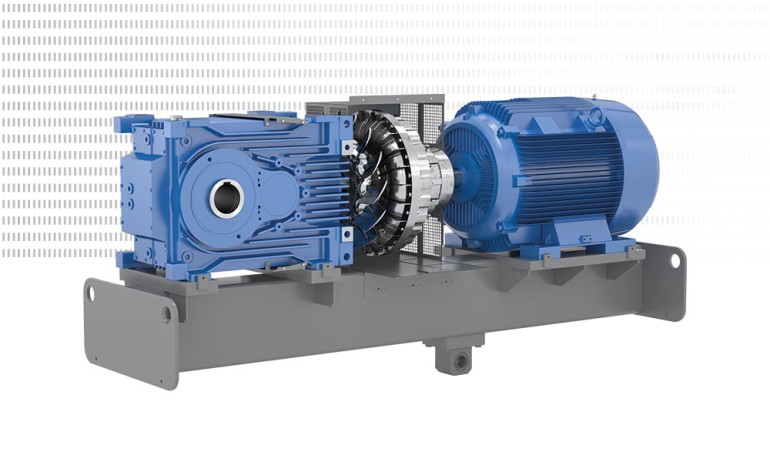 NORD MAXXDRIVE industrial gear unit with fan, motor, and swing base.